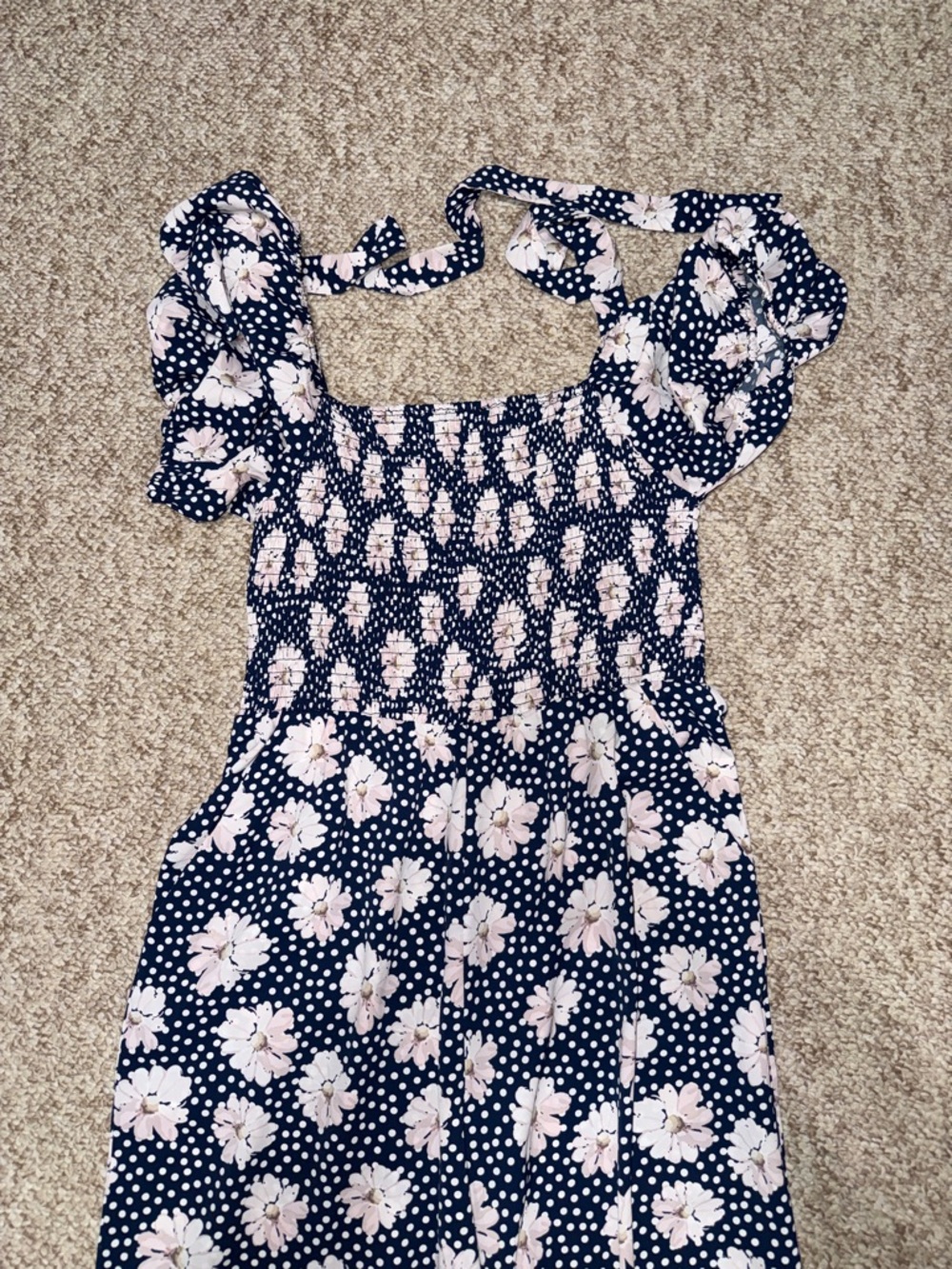 Navy Floral Smocked Jumpsuit - Picture 2 of 6